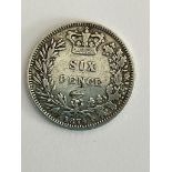 SILVER SIXPENCE 1874. Queen Victoria Young Head. Having the sought after Crosslet 4. Very fine