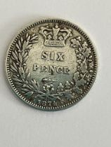 SILVER SIXPENCE 1874. Queen Victoria Young Head. Having the sought after Crosslet 4. Very fine