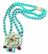 Stunning Turquoise & Garnet 2 row necklace, gold gilded silver with vintage push-pin clasp. 28cms in