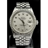 A Rolex Oyster Perpetual Diamond Bezel Datejust Watch. Stainless steel bracelet and case - 36mm.