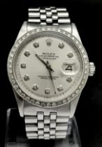 A Rolex Oyster Perpetual Diamond Bezel Datejust Watch. Stainless steel bracelet and case - 36mm.