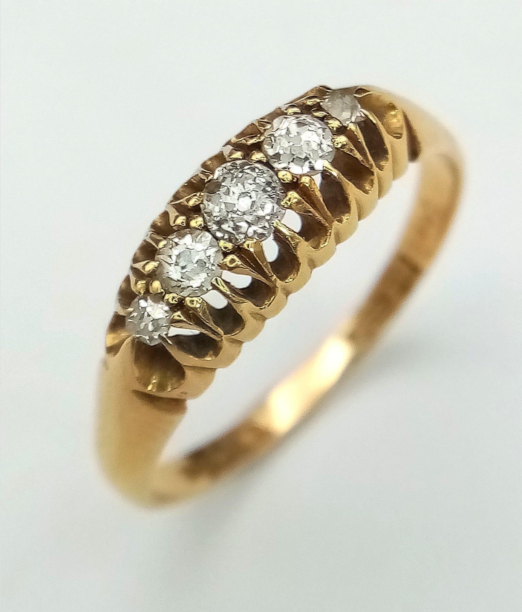 A VINTAGE 18K YELLOW GOLD, 5 STONE OLD CUT DIAMOND RING. Size R, 0.40ctw, 3.3g total weight. - Image 2 of 5