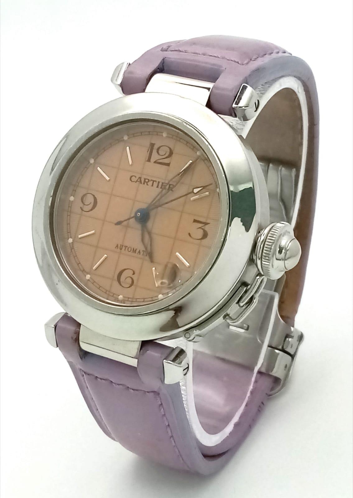 A Pasha de Cartier Automatic Ladies Watch. Lavender leather strap. Stainless steel case - 36mm. - Image 2 of 8