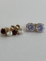 2 x pairs 9 carat GOLD gemstone set Earrings. Stud style. Complete with Gold Backs and sparkling