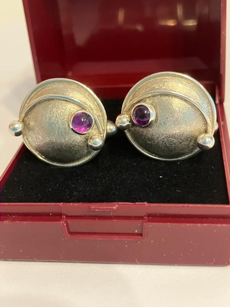 Vintage pair of Hallmarked SILVER CUFFLINKS . Having Planet Design with AMETHYST Cabochon detail.