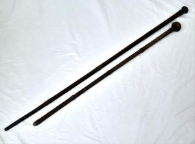 Two Antique Asian Wooden Walking Sticks With Wire Woven Exterior. Metal Handled Stick Measures