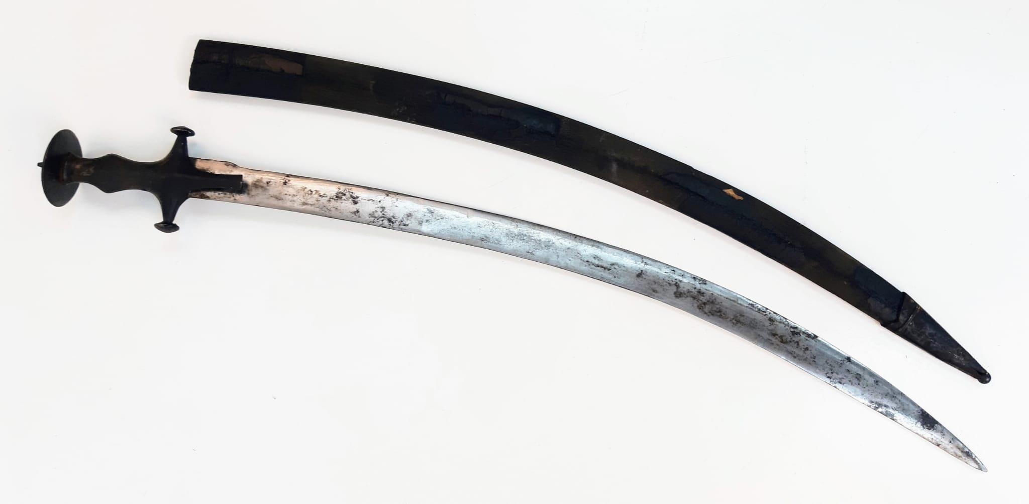 A Very Early Indian Tulwar Sword with Steel Cruciform Hilt and Curved Blade in Wood Scabbard 87cm - Image 2 of 7