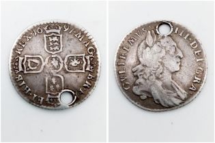 A 1697 William III Silver Sixpence Coin. Holed.