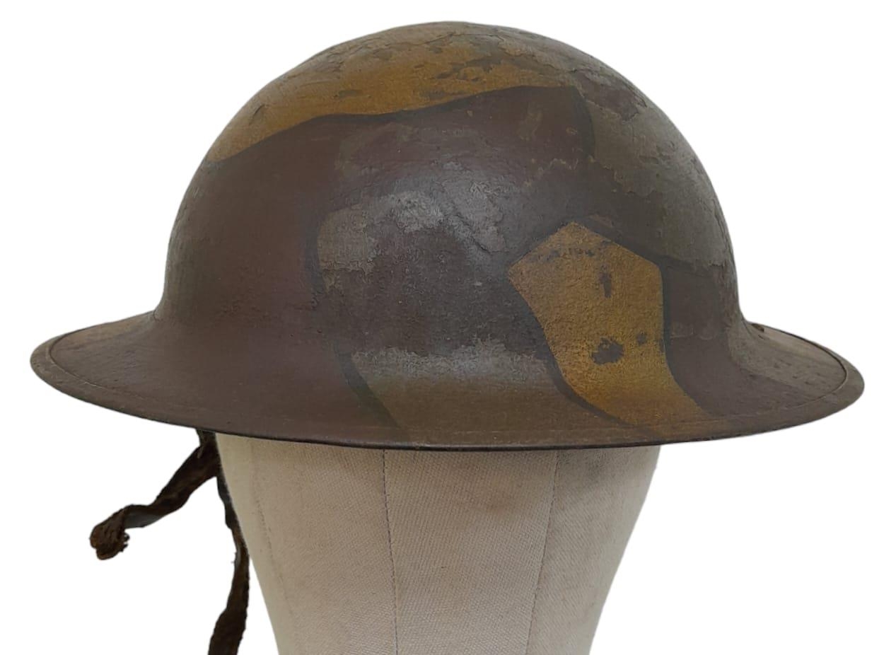 WW1 US Camouflage Brodie Helmet with field adapted French Adriane liner. Very nice straight period - Image 4 of 5