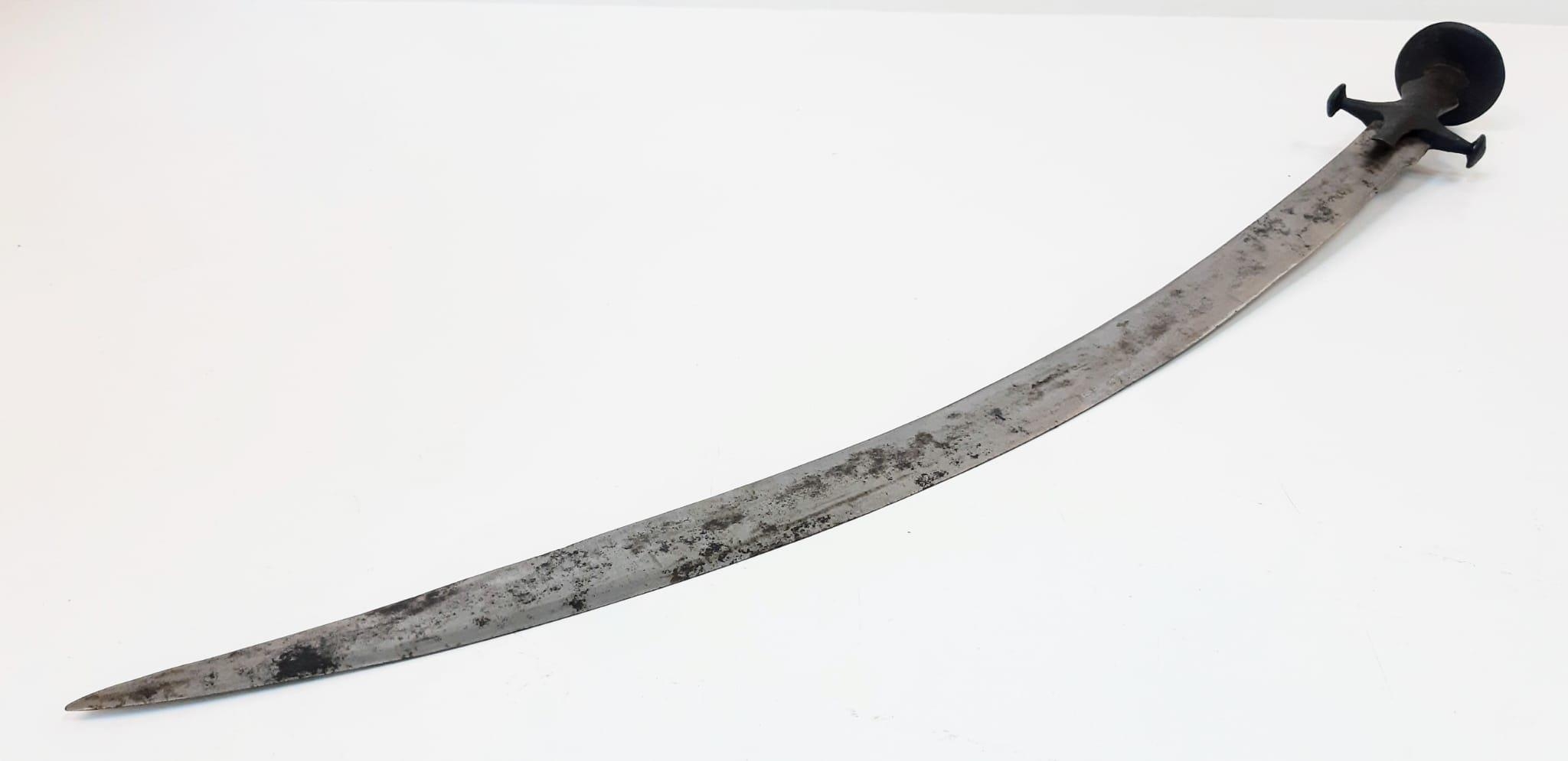 A Very Early Indian Tulwar Sword with Steel Cruciform Hilt and Curved Blade in Wood Scabbard 87cm - Image 3 of 7