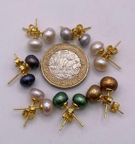 Seven Pairs of Cultured Multi-Colour Freshwater Pearl Gold- Plated Stud Earrings. Excellent