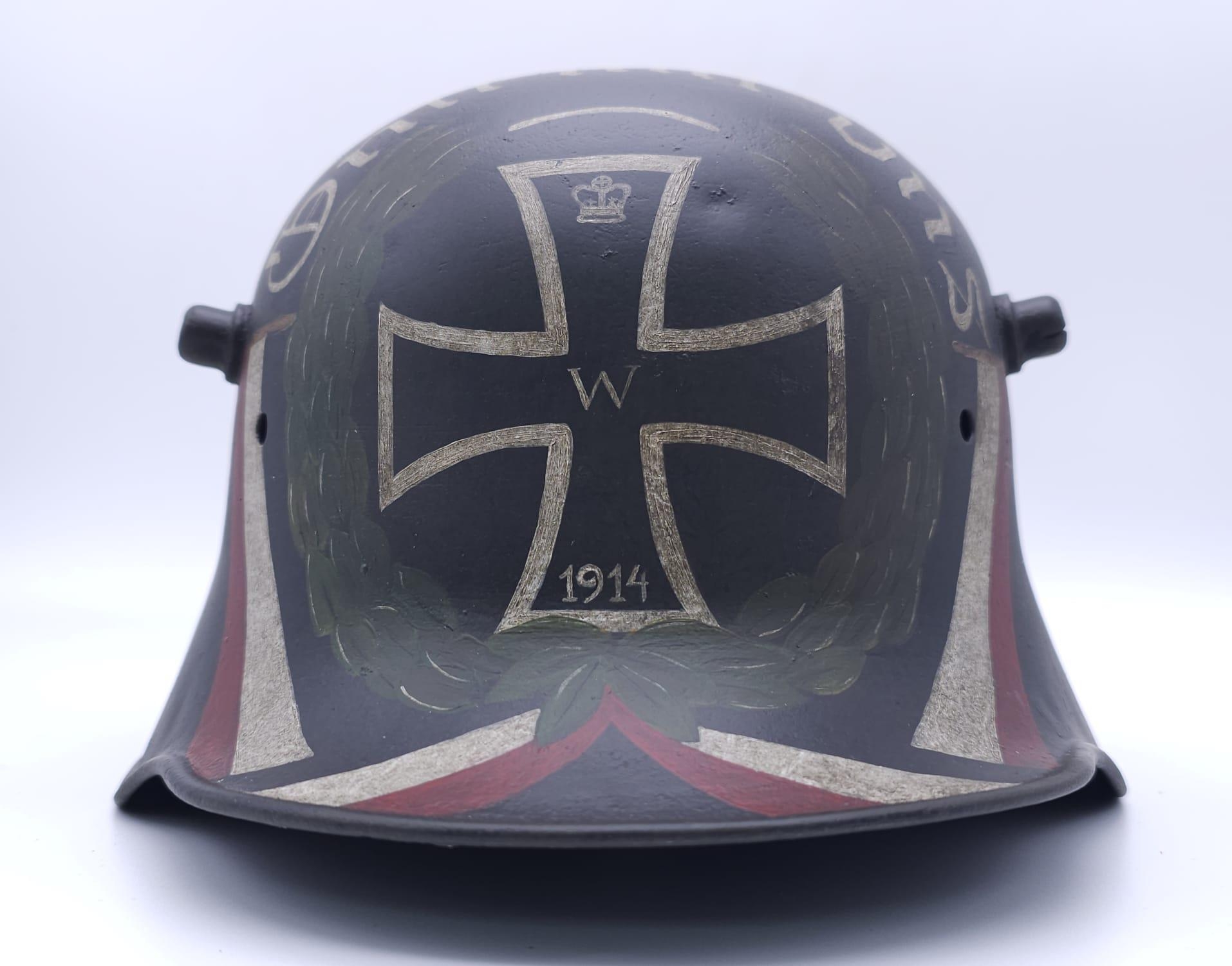 WW1 German Memorial Helmet. Original WW1 German Stahlhelm helmet with post ..War memorial painting. - Image 2 of 7