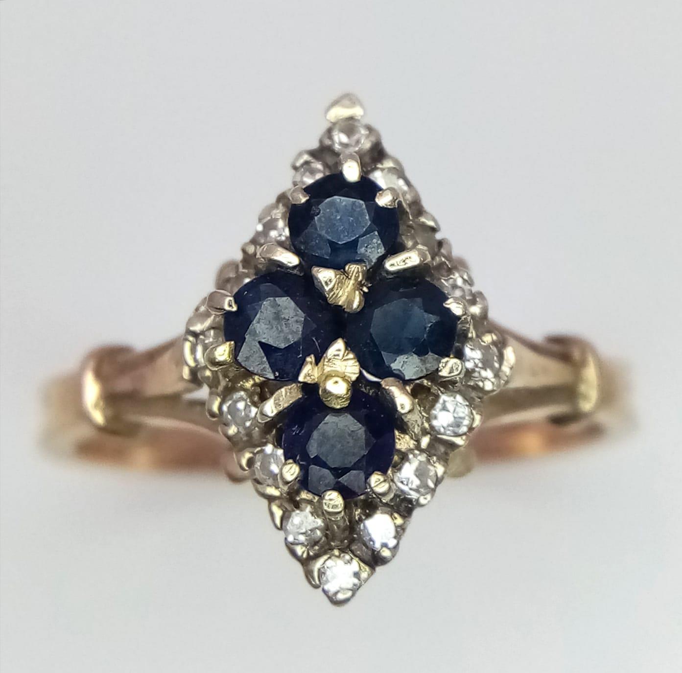 A 9K YELLOW GOLD DIAMOND & SAPPHIRE RING. Size O, 3.1g total weight. - Image 2 of 4