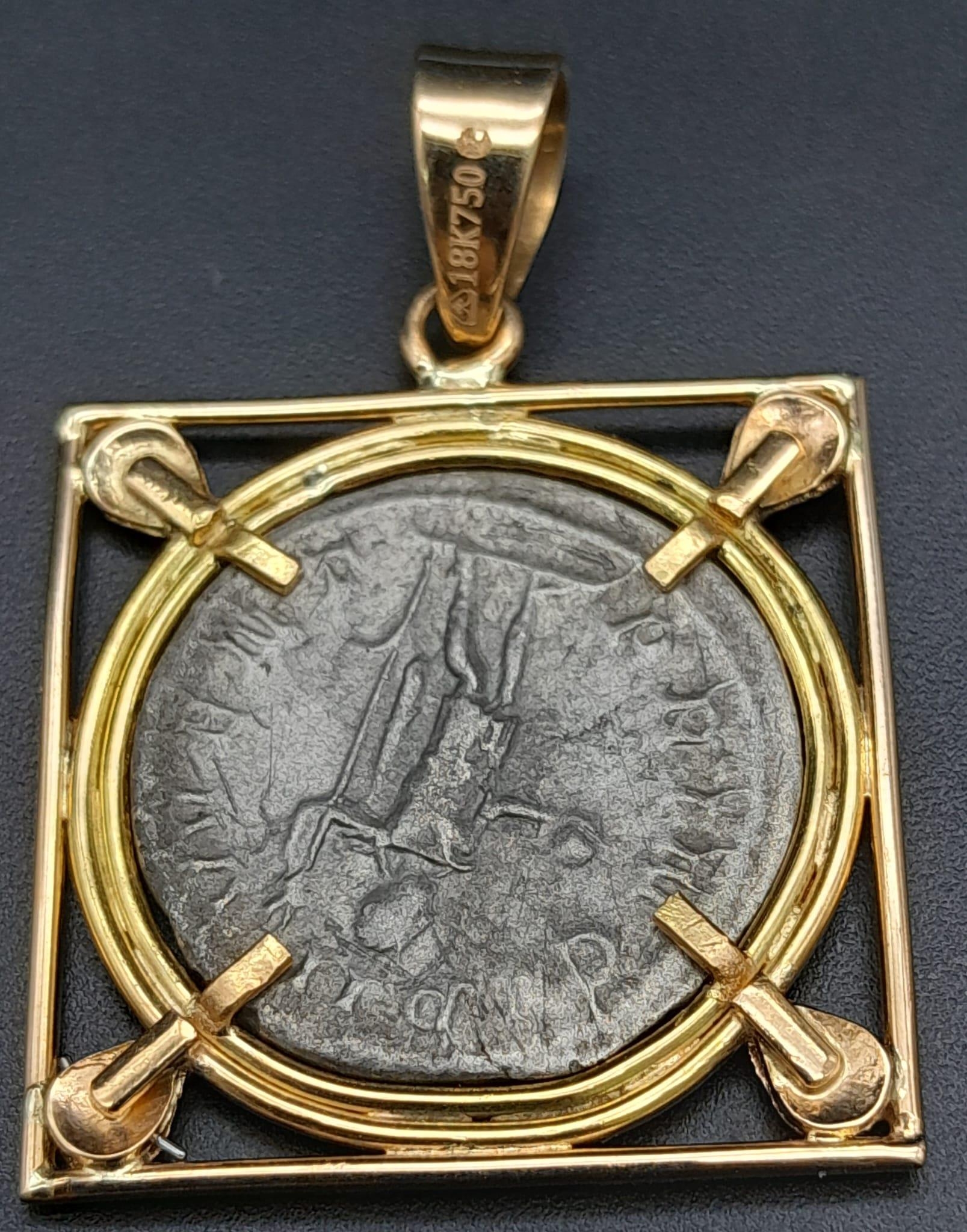An Ancient Roman Rare Coin Pendant set in 18K Yellow gold - with Old Dealer's Ticket. 4.16 Ct. 10. - Image 2 of 6