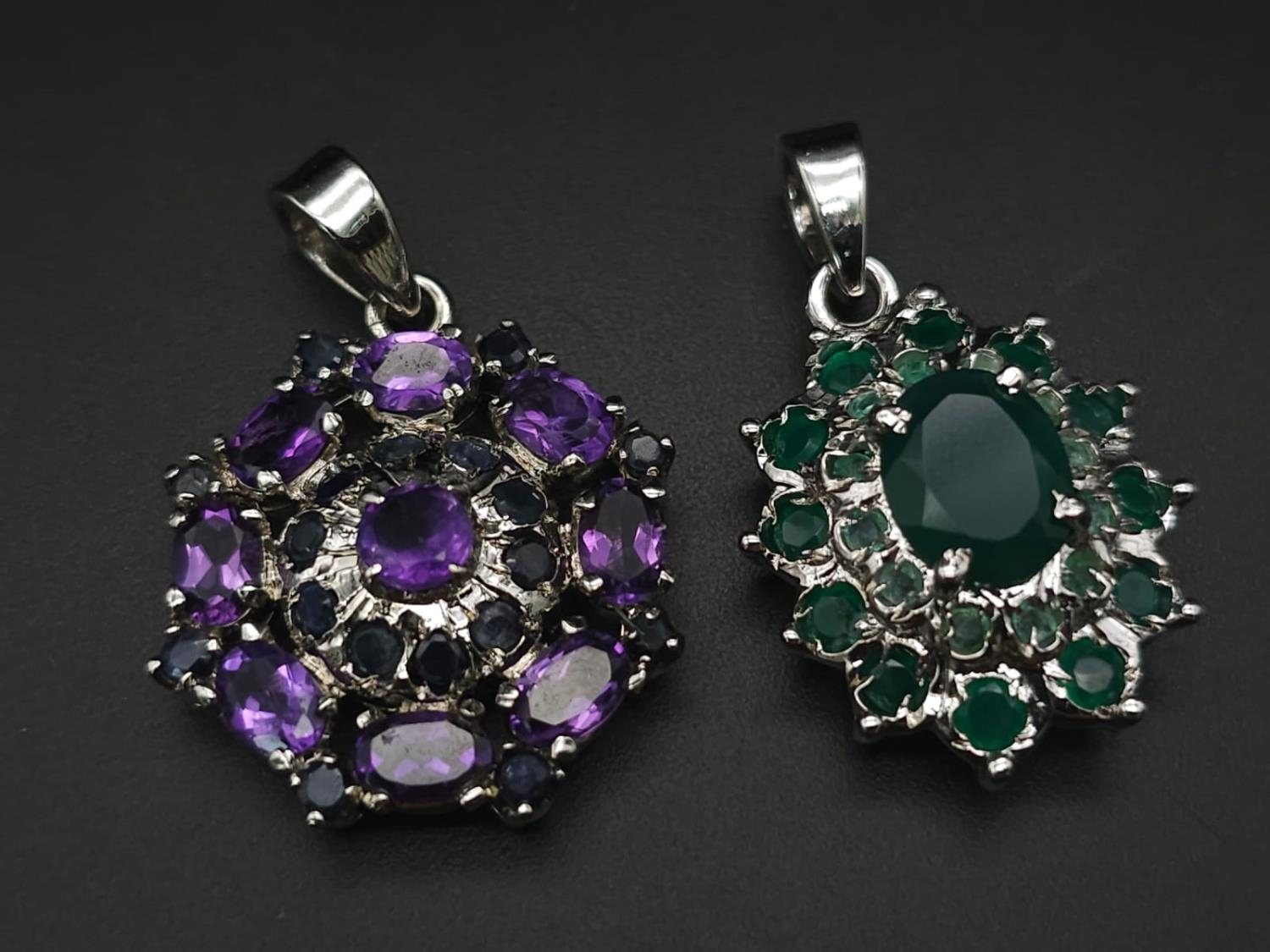 Six Gemstone 925 Silver Pendants. Emerald, Amethyst x 3 citrine and topaz. 20/24mm. - Image 4 of 10