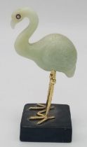 A Vintage Chinese Jade Stork Figure on a Stone Plinth. White stone eyes. 12cm tall.