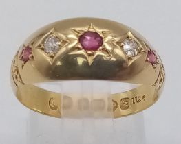A VINTAGE 18K YELLOW GOLD, OLD CUT DIAMOND & RUBY RING. Size M/N, 2.5g total weight.