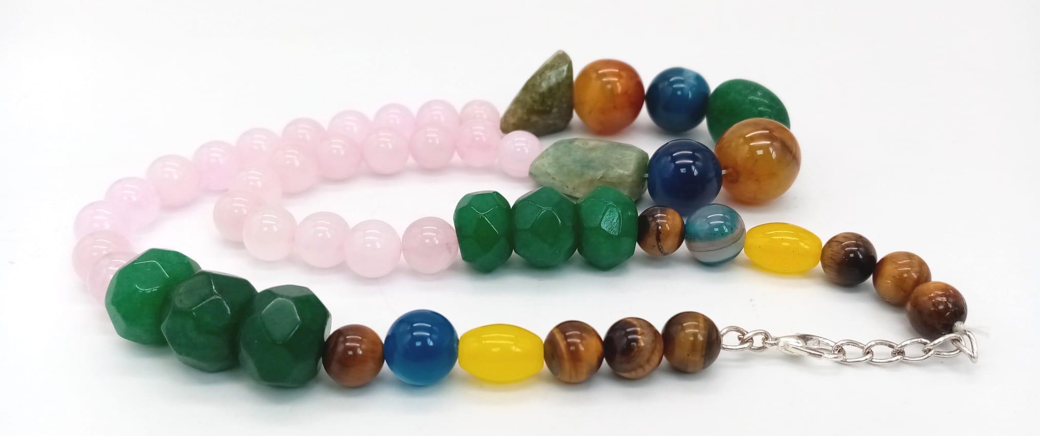 A Mixed Gemstone Bead Necklace. Mixed colours and shapes. Jade, rose quartz, agate, and tigers - Image 2 of 3