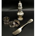 Heavy and Eclectic collection of Sterling Silver items. All hallmarked, 3 napkin rings, a fork and a