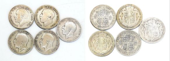 Five George V Silver Half Crown Coins - 1915, 1920, 1921, 2 x 1929. Please see photos for