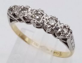 AN 18K YELLOW GOLD & PLATINUM DIAMOND 5 STONE RING. Size I, 2.3g total weight.