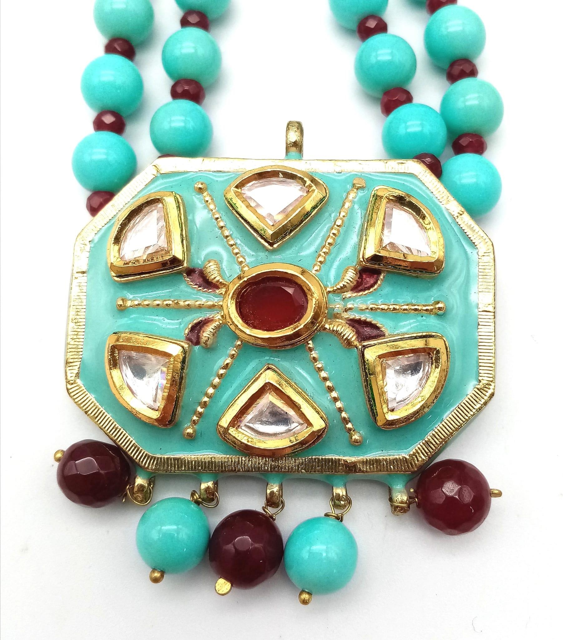 Stunning Turquoise & Garnet 2 row necklace, gold gilded silver with vintage push-pin clasp. 28cms in - Image 2 of 6