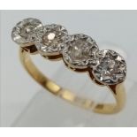 A VINTAGE 18K YELLOW GOLD & PLATINUM HEAD, OLD CUT DIAMOND 4 STONE RING. Size M, 0.20ctw, 3.1g total