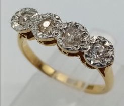 A VINTAGE 18K YELLOW GOLD & PLATINUM HEAD, OLD CUT DIAMOND 4 STONE RING. Size M, 0.20ctw, 3.1g total