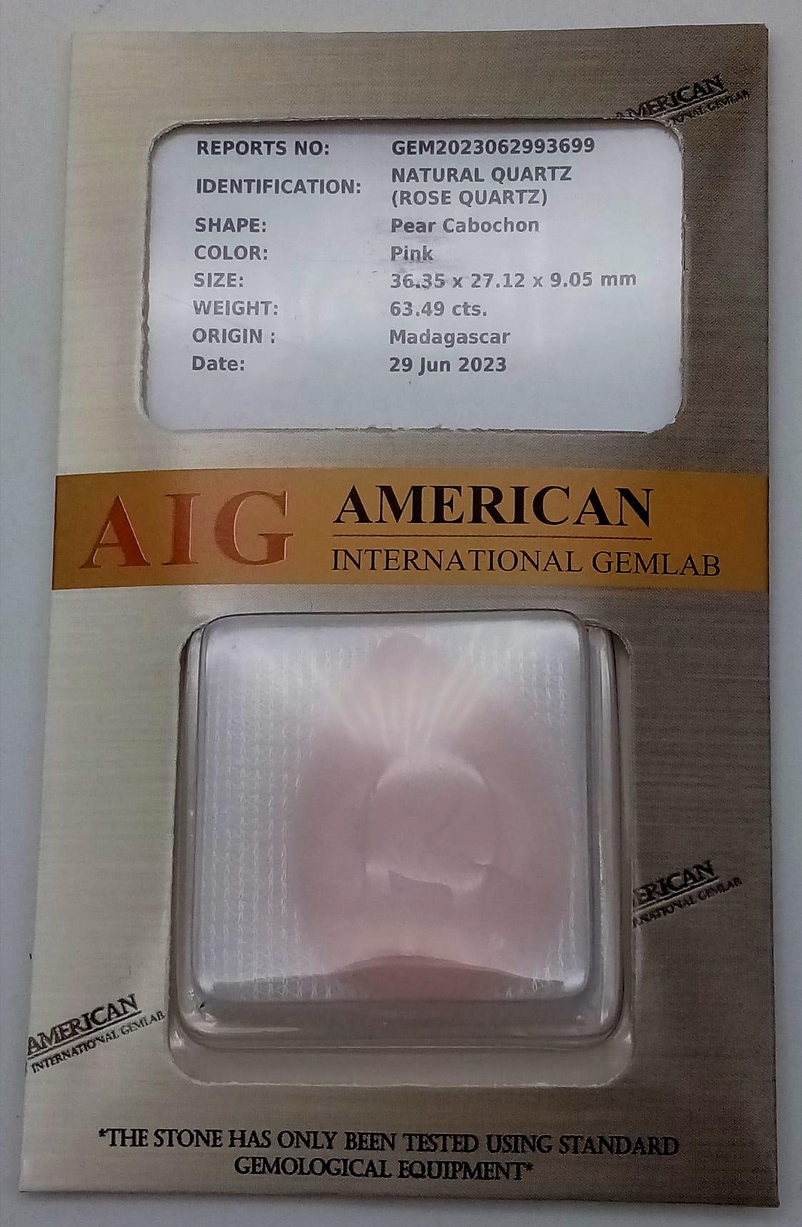 A 63.49ct Rose Quartz Gemstone - Sealed Container - AIG certified. - Image 2 of 3