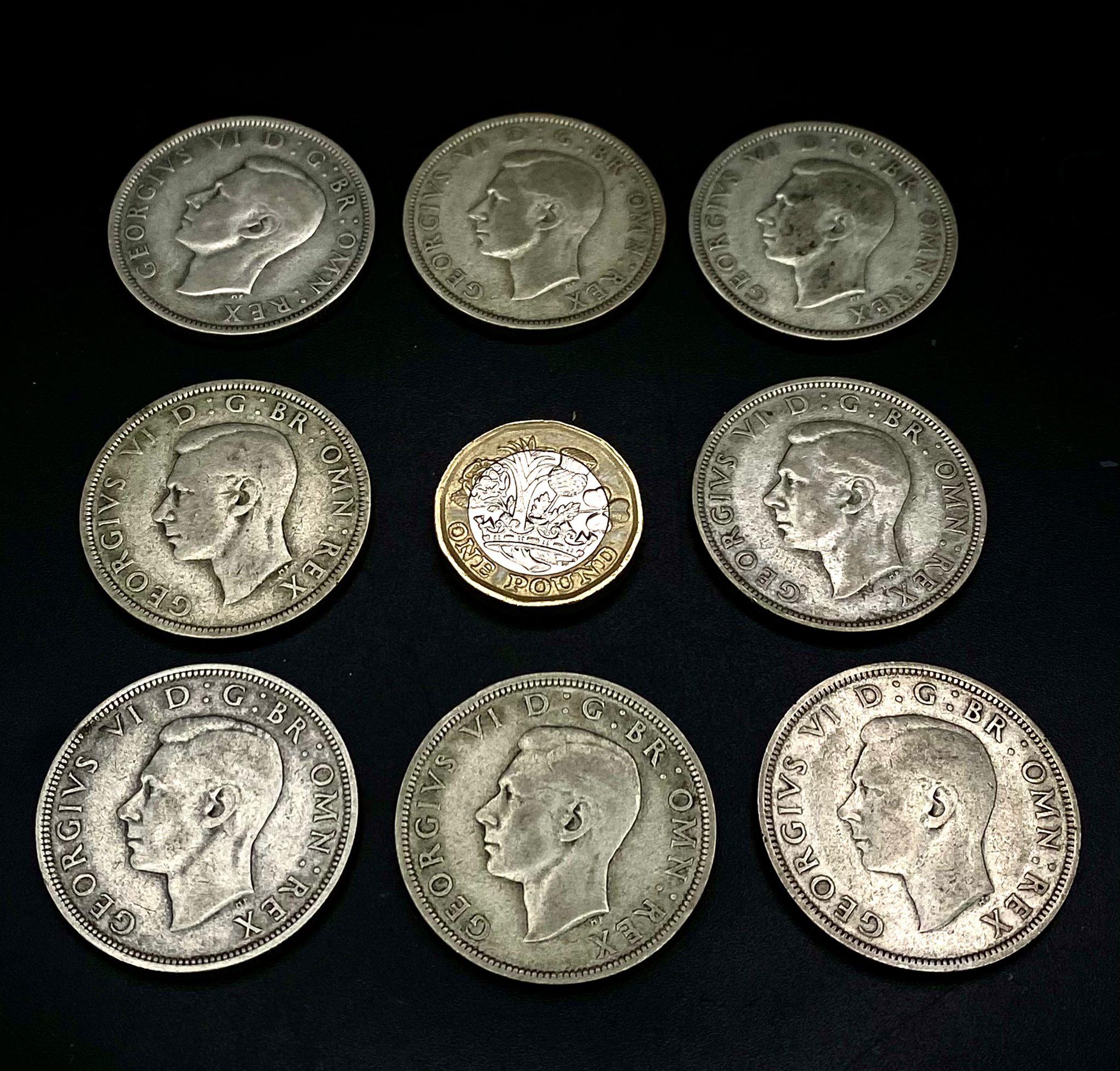 A Parcel of 8 Pre-1947 Silver Half Crowns Coins From WW2 period. Comprising of 2 x 1939, 3 x 1940, - Image 2 of 2