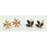 Two Pairs of 9K Gold Floral Shaped Stud Earrings. No backs.