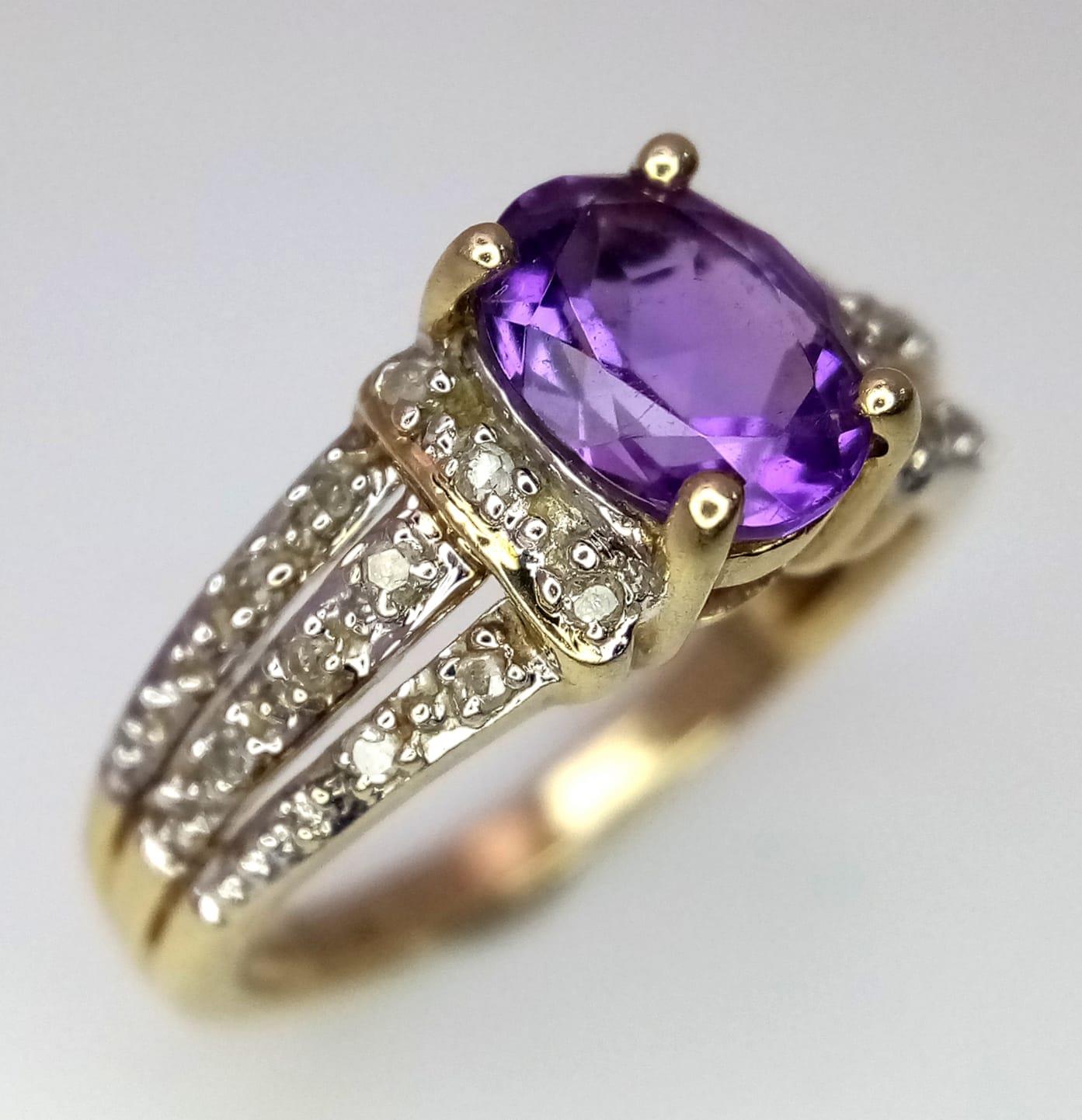 A 9K YELLOW GOLD DIAMOND & AMETHYST SET RING. Size N, 3g total weight. - Image 2 of 4