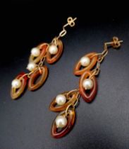 A Pair of Amber and Pearl 18K Gold Drop Earrings. 5cm. 8.78g total weight.