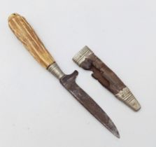 Rare Antique Antler-Handle (Scottish) Dirk Style, Knife. White Metal and Leather Sheath. Size:
