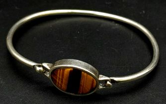 A Vintage Silver Tigers Eye Bracelet stamped Gucci and 800 Silver. 6cm Inner Width, Set with Oval