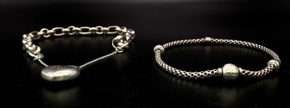 Two 925 Sterling Silver Bracelets - Figaro Link with Heart Clasp and Matrix Slip On. 20g total