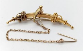 An Antique 15K Yellow Gold Bar Brooch with Singing Bird and Seed Pearl Decoration. Pin has been