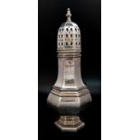 A Vintage Sterling Silver Sugar Caster. 17cm tall. Hallmarks for London 1974. 165.71g weight.