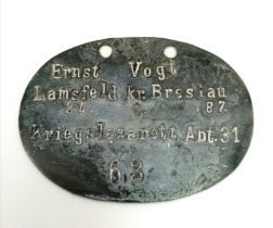 WW1 Imperial German Dog Tag for a Medic in a Field Hospital.