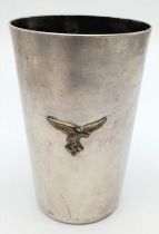 3 rd Reich Luftwaffe Officers Mess silverplated beaker with early short tail eagle badge.