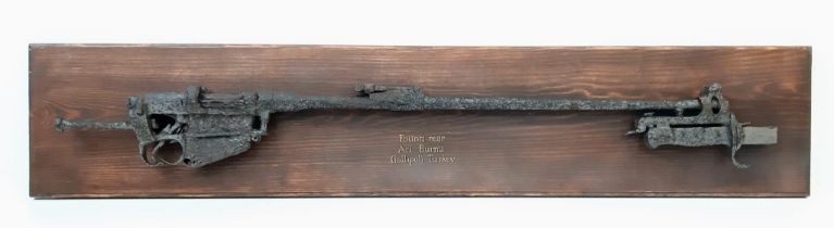 WW1 Relic Gallipoli Found SMLE Rifle with bayonet remains mounted on a wooden board.