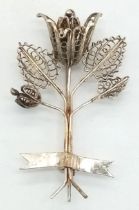 Antique Sterling Silver Filigree Flower Design Brooch or Scarf/Kilt Pin. 7cm Tall. 8.26 Grams.