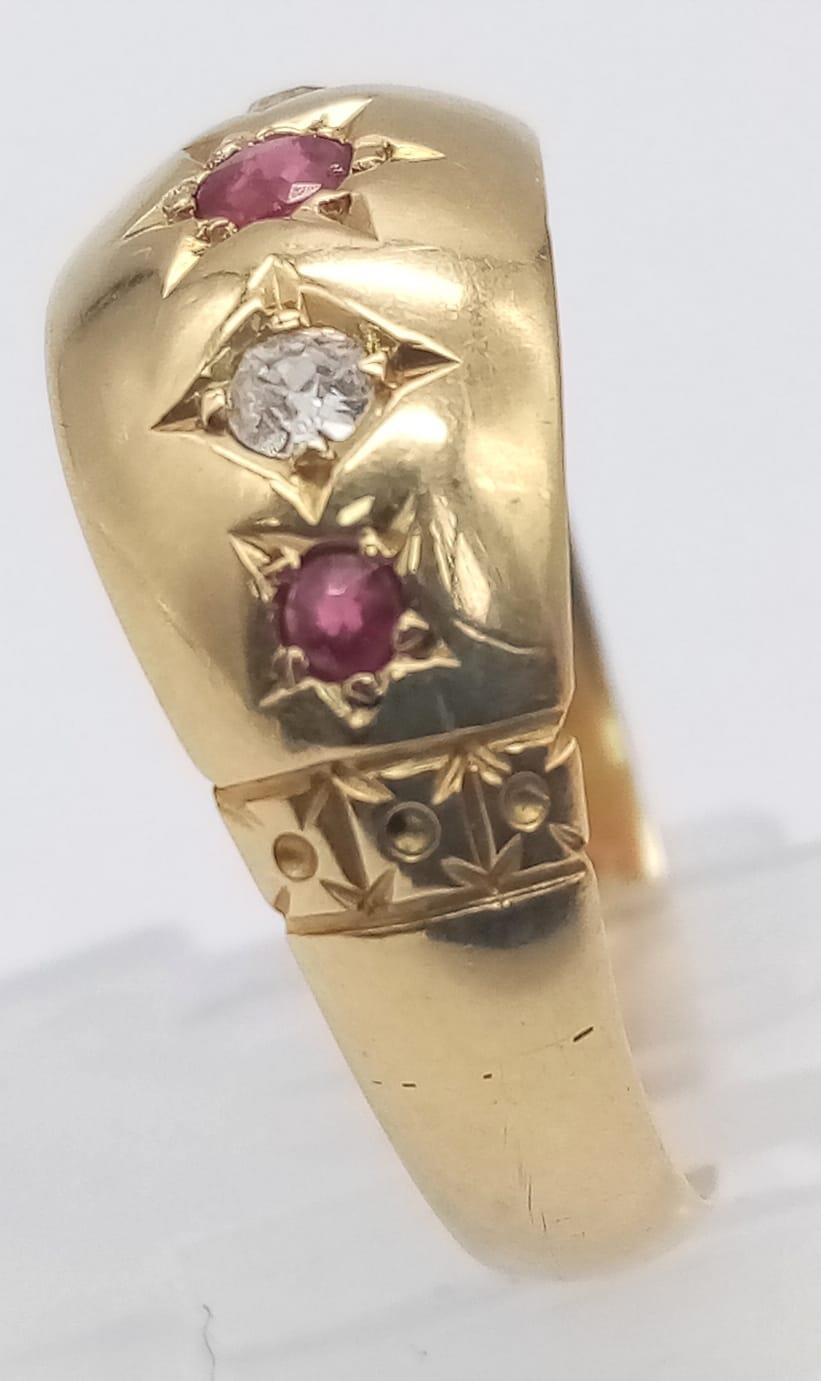 A VINTAGE 18K YELLOW GOLD, OLD CUT DIAMOND & RUBY RING. Size M/N, 2.5g total weight. - Image 3 of 5