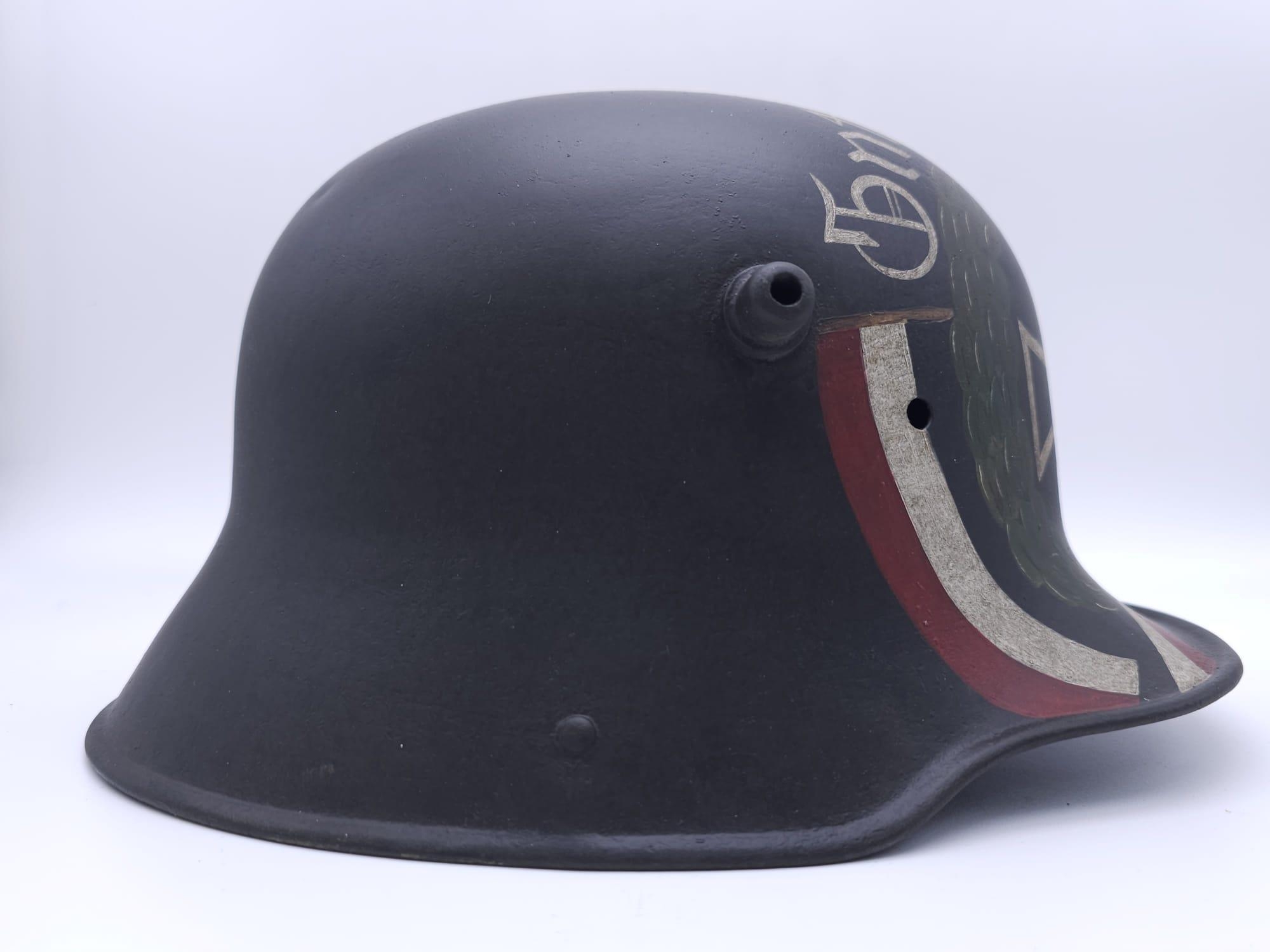 WW1 German Memorial Helmet. Original WW1 German Stahlhelm helmet with post ..War memorial painting. - Image 6 of 7