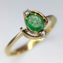 A Vintage 14K Yellow Gold Emerald and Diamond Ring. Size O. 2.05g total weight.