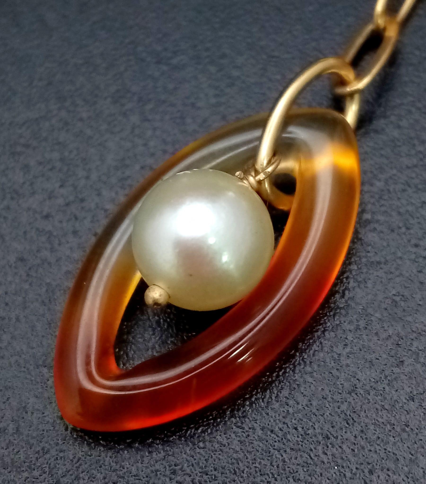 A Pair of Amber and Pearl 18K Gold Drop Earrings. 5cm. 8.78g total weight. - Image 3 of 5