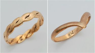 Two Vintage 9K Yellow Gold Rings. Chevron - Size E and Band - Size I. 2g total weight.