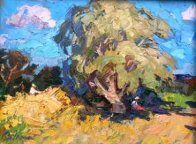 A Beautiful Oil painting Titled In The Shade Of A Tree By Ukrainian Artist Kalenyuk Alex. The