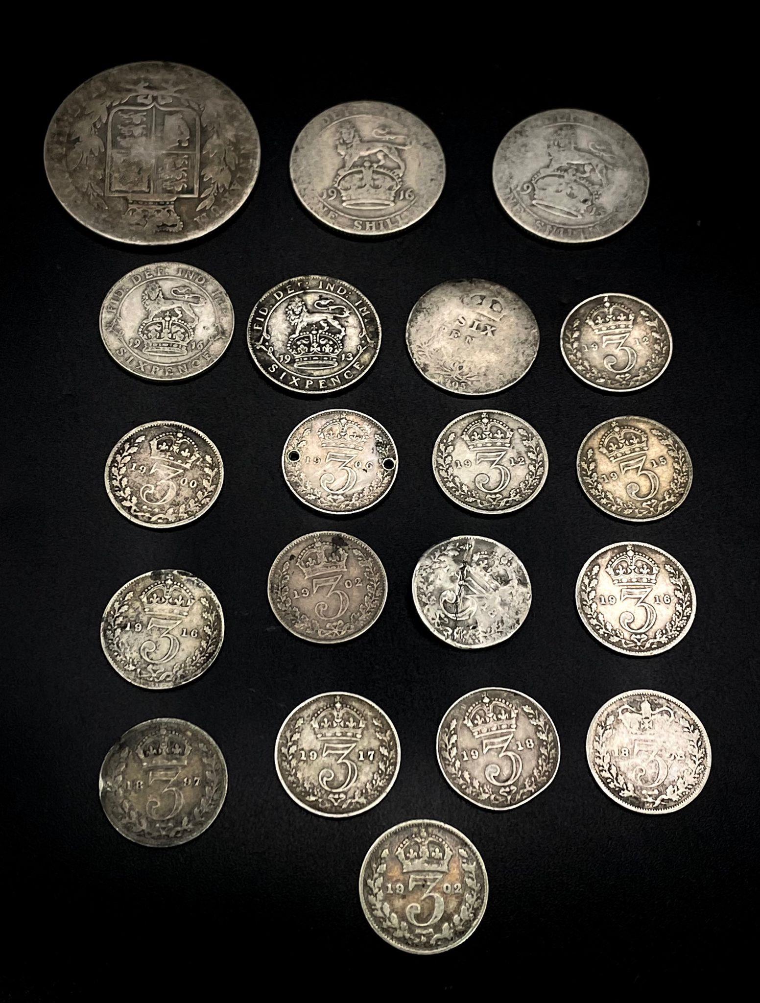 A Parcel of Twenty, Pre-1920, Silver Coins ranging from 3d’s to Half Crown. Dates: 1878-1918 Weight: