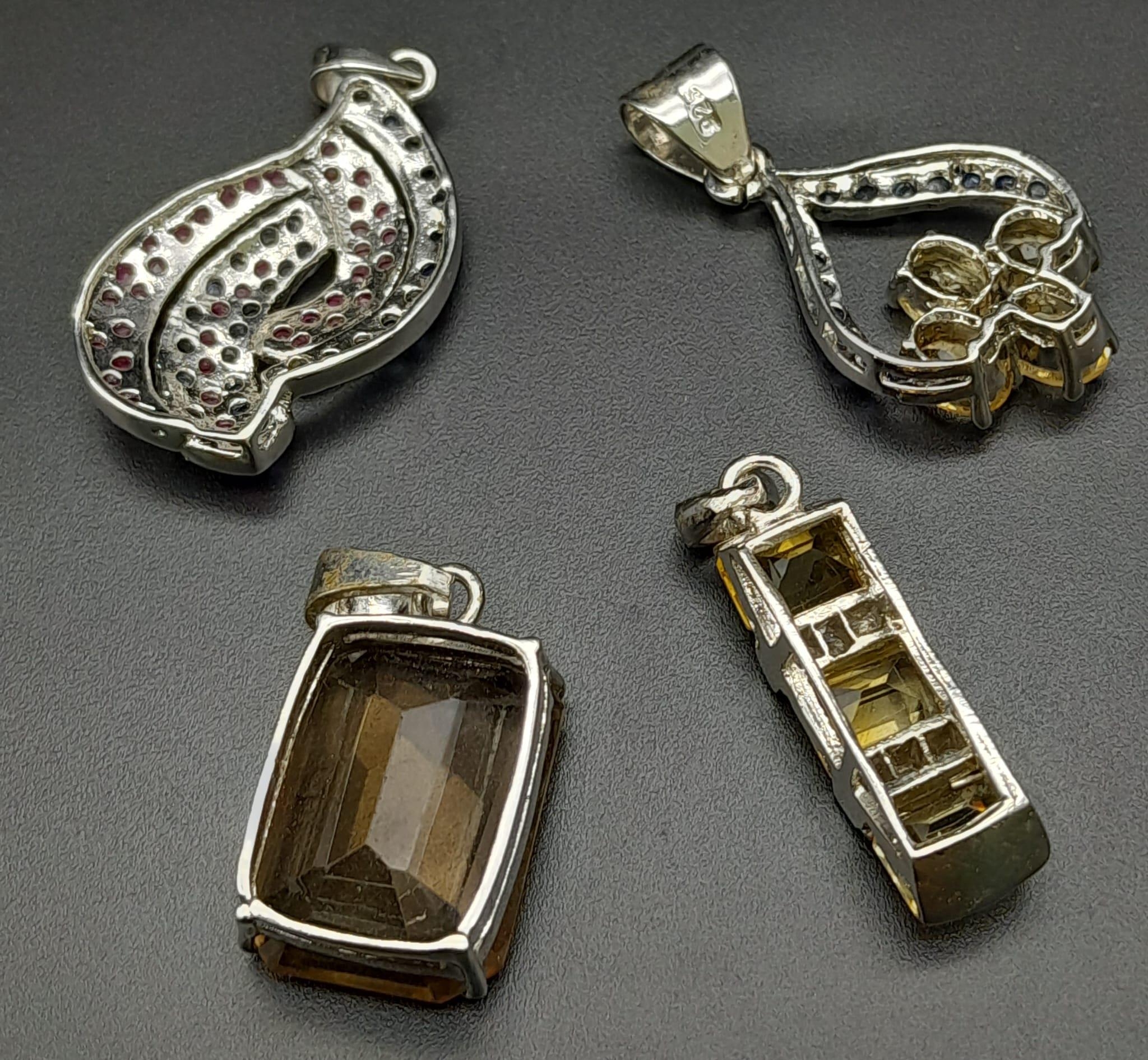 Four gemstone 925 Silver Pendants. Amethyst, Citrine Rectangular, Heart-shaped Citrine & Mixed - Image 2 of 6